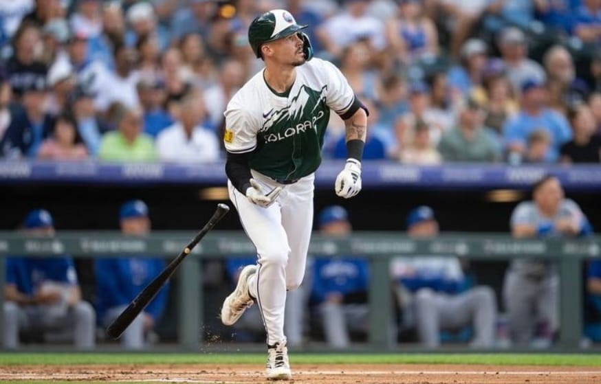 Doyle drops his bat after going yard. He’s wearing a City Connect uniform.