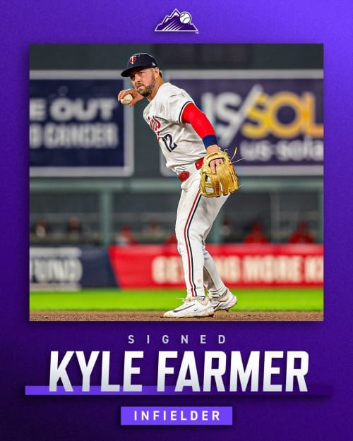 The Rockies welcome Kyle Farmer, who is wearing a Twins uniform.