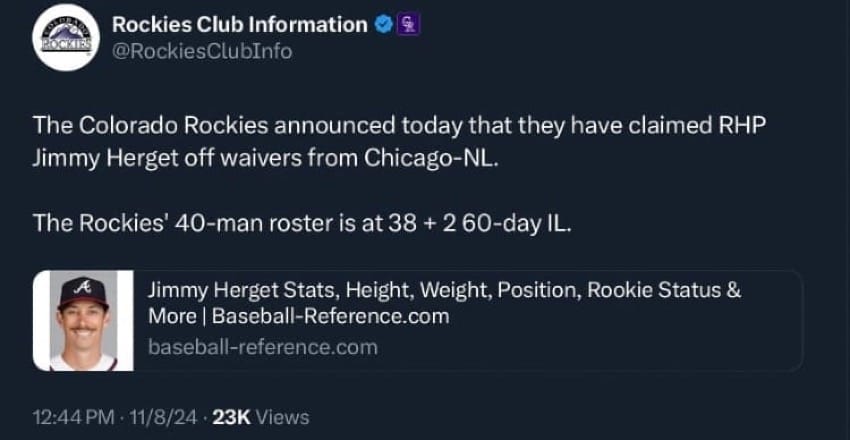 According to this position, the Rockies claimed RHP Jimmy Herget off waivers.