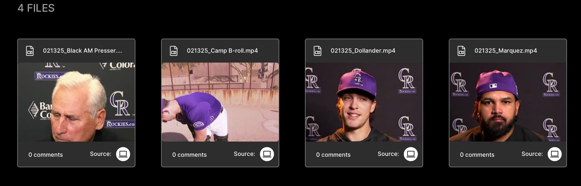 Thumbnails for Bud Black, B-roll, Chase Dollander, and Germán Márquez 