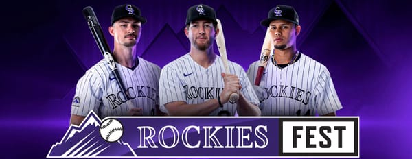 The three players hold bats on their shoulders and advertise for Rockies Fest.